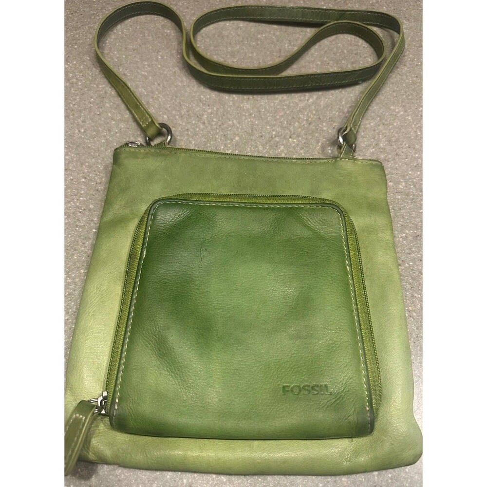 Fossil Crossbody Bag Light Green Distressed Leather VTG Y2K Card Holder 8x8